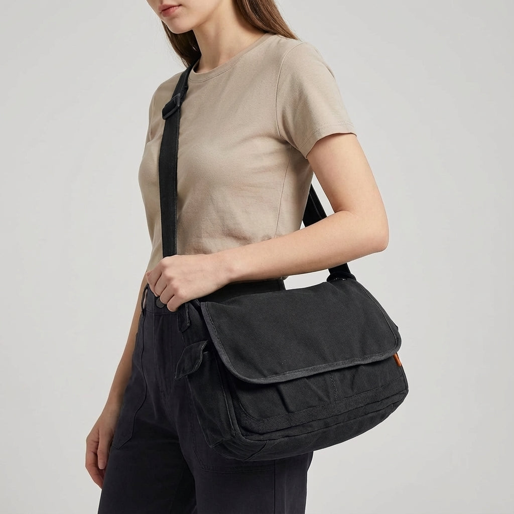 Vintage crossbody-skuldertaske i forstærket bomuldskanvas med justerbar rem