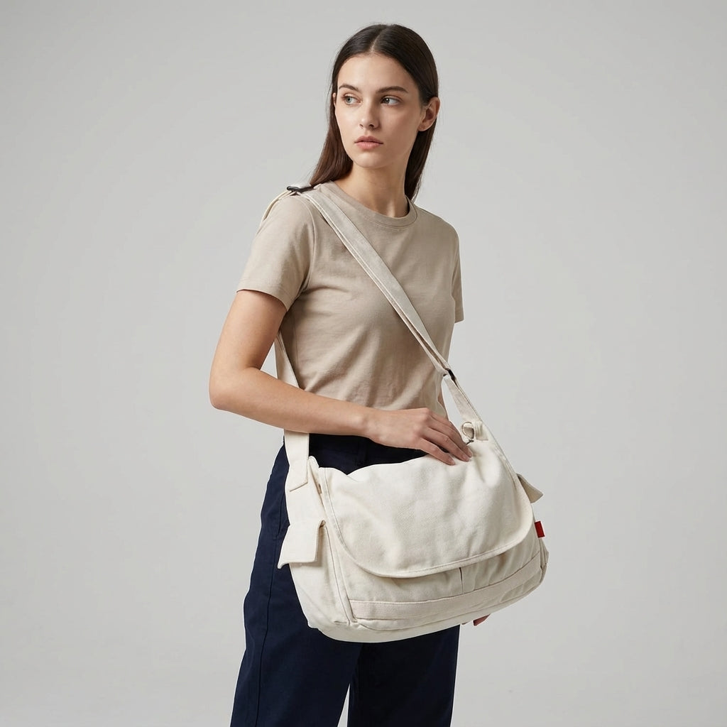 Vintage crossbody-skuldertaske i forstærket bomuldskanvas med justerbar rem