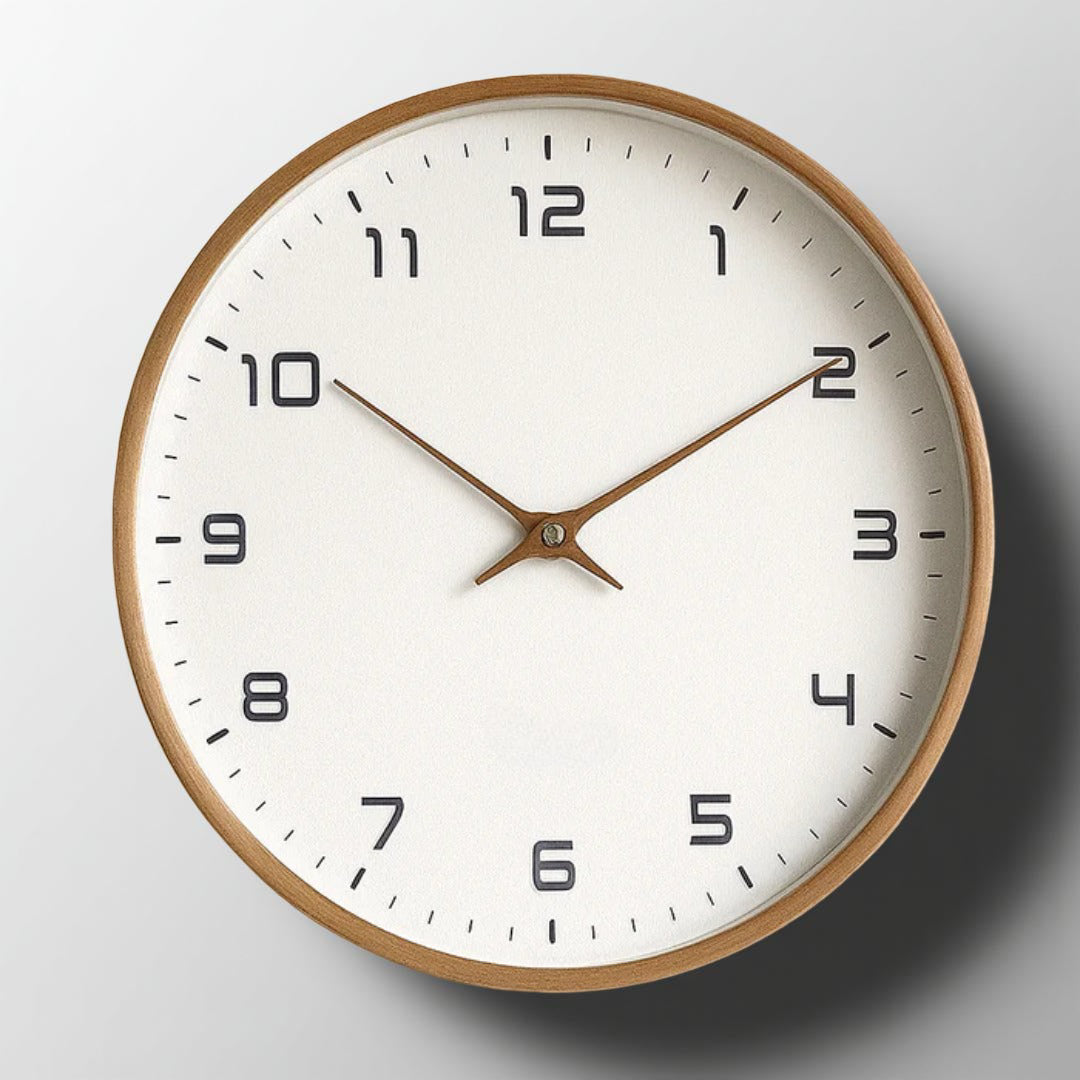Minimalistische Wanduhr mit Holzrahmen und leisem Quarzwerk