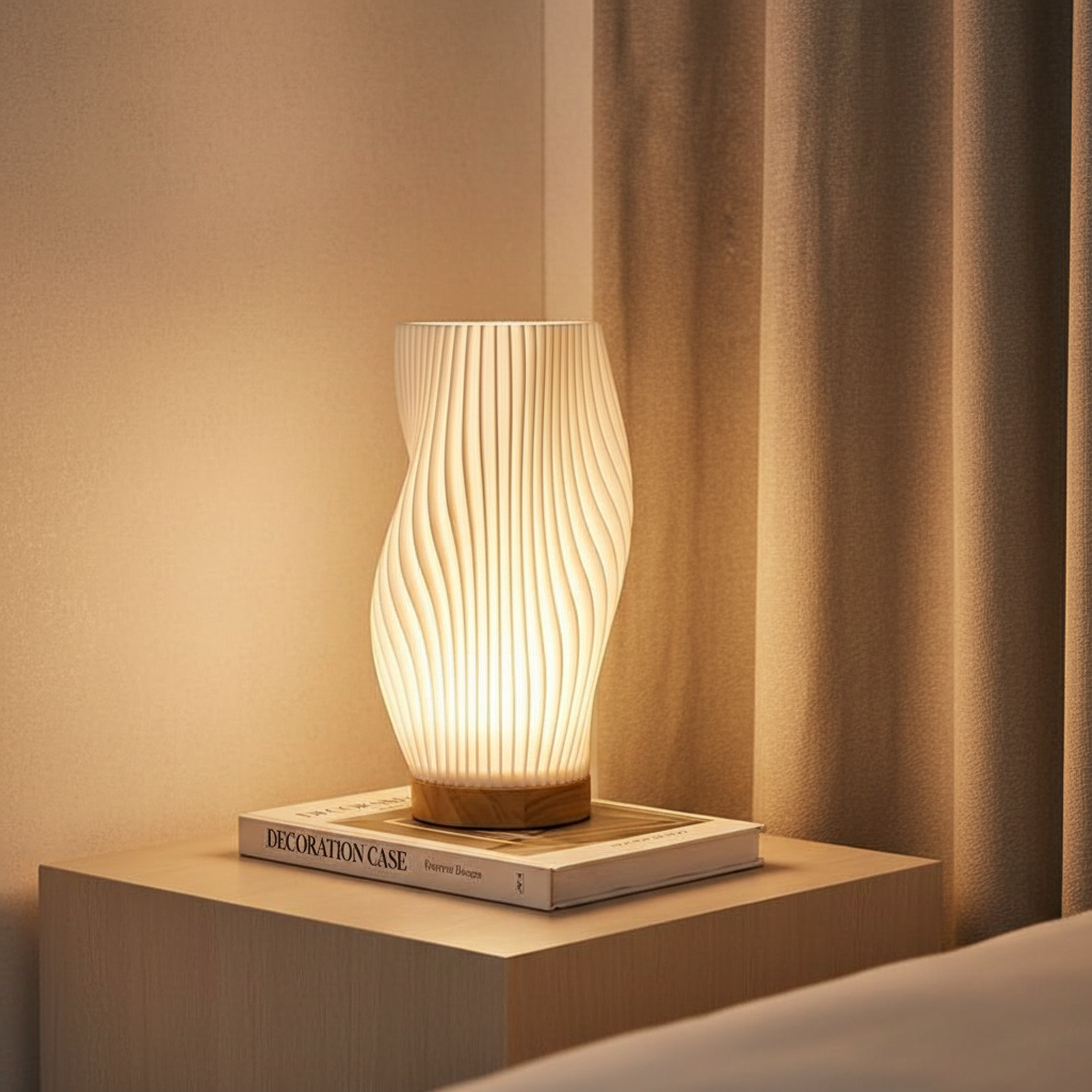 Skulpturel bølgeformet bordlampe med justerbar dæmpning og USB