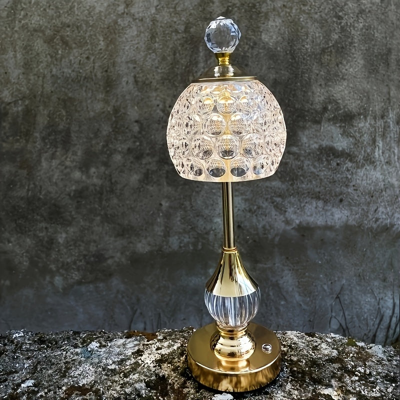Skulpturale Tischlampe mit Kristallschirm, Touch-Dimmung, Akku und ohne Kabel