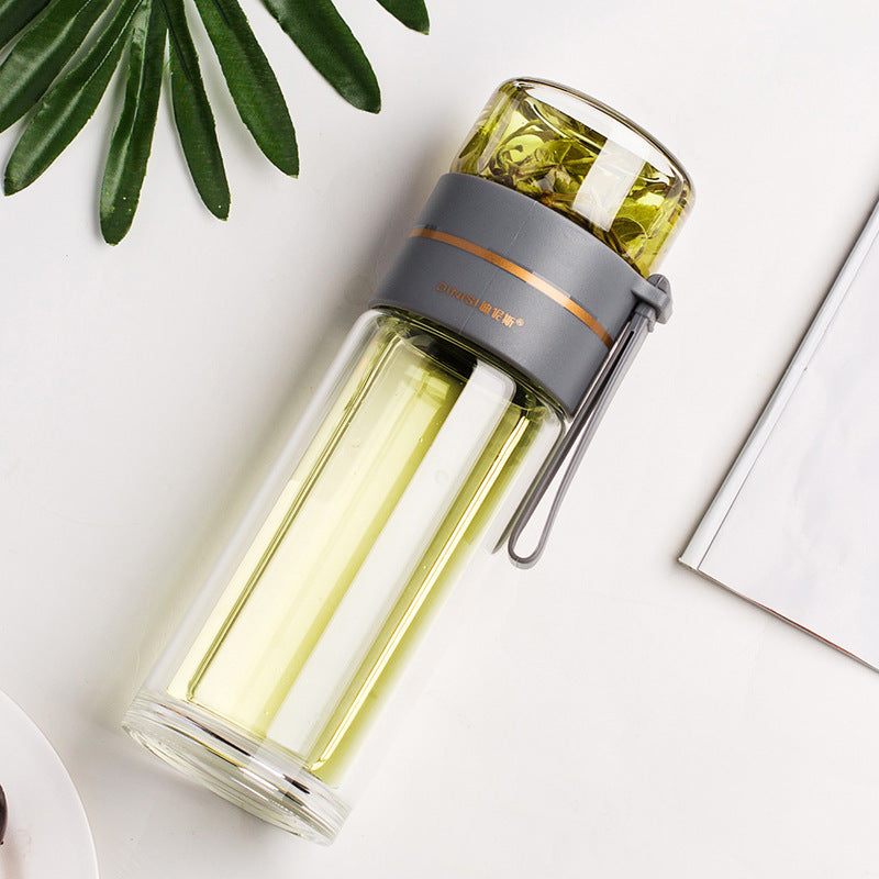 Auslaufsichere doppelwandige Trinkflasche aus Borosilikatglas mit Teesieb
