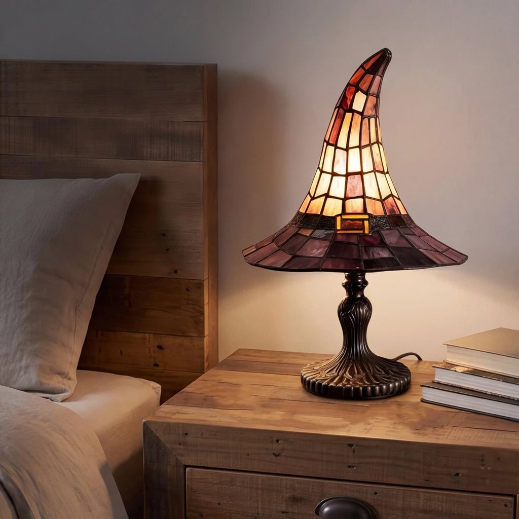 Verspielte Tischlampe als Hexenhut-Silhouette für die Halloween-Dekoration