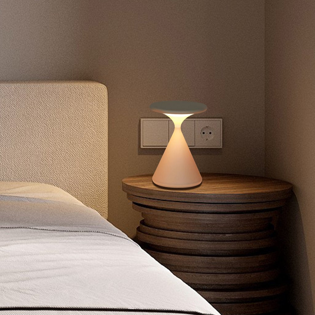 Skulpturale minimalistische Tischlampe in Sanduhrform, kabellos, dimmbar und wiederaufladbar