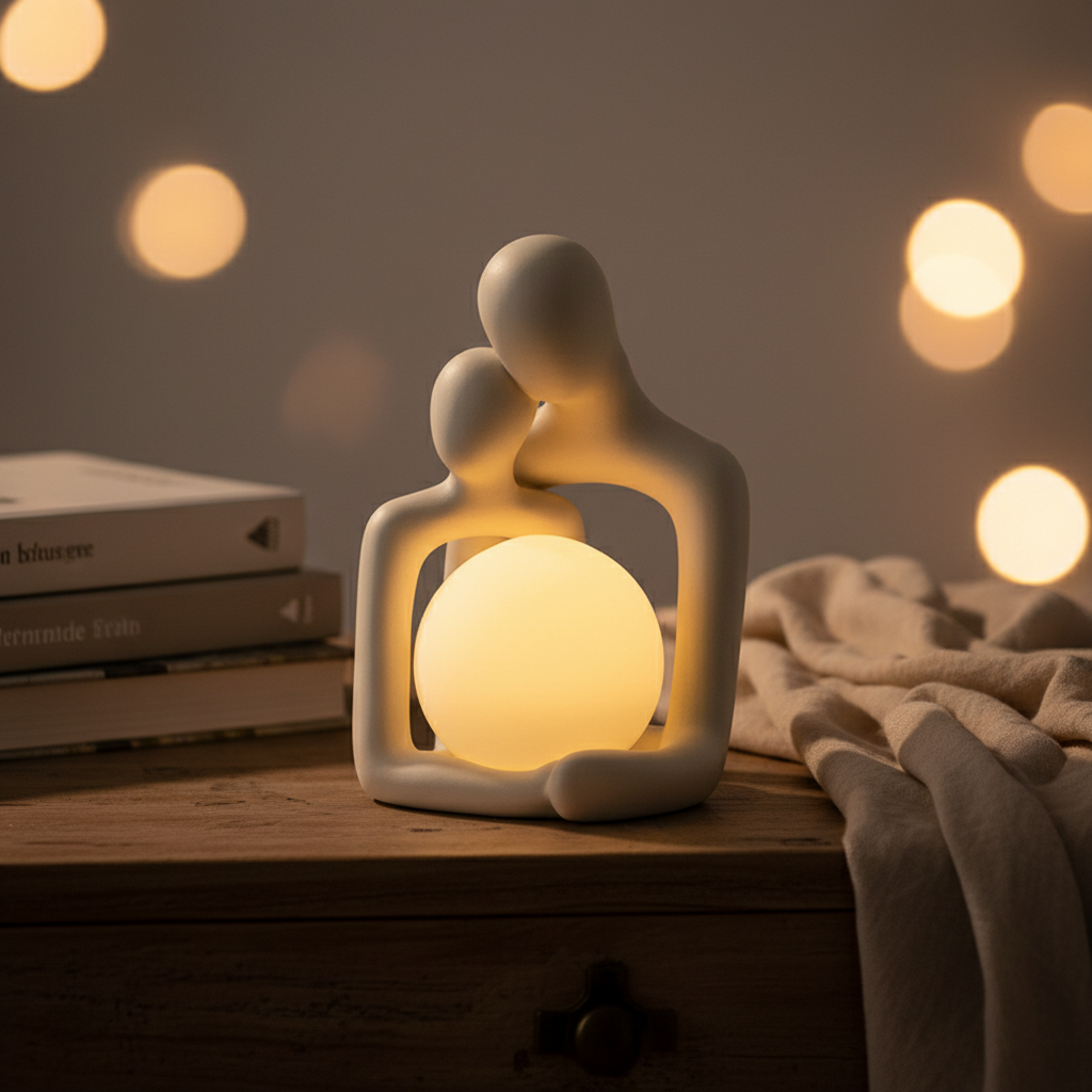 Skulpturel bordlampe i mat keramik med kugleform og indirekte lys