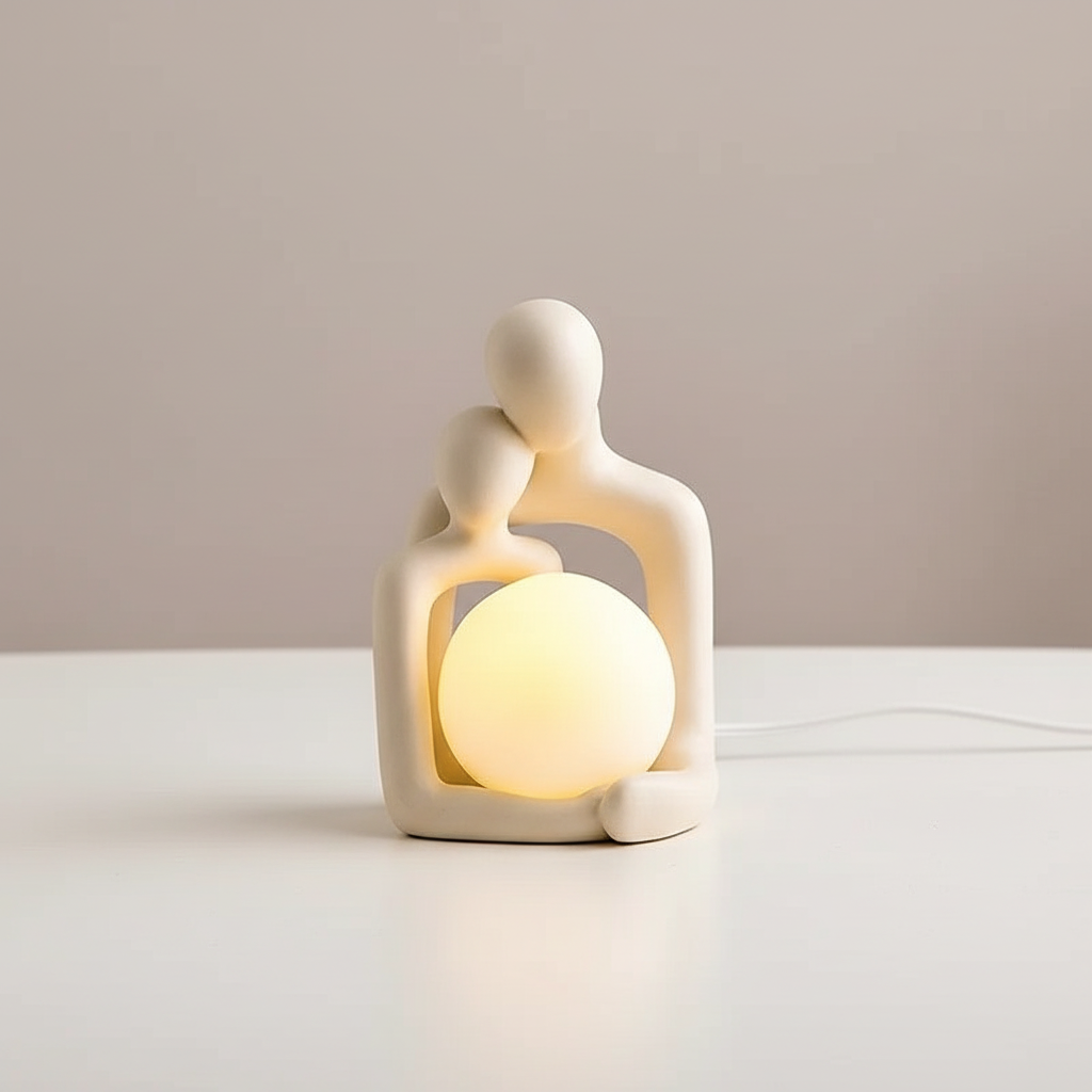 Skulpturel bordlampe i mat keramik med kugleform og indirekte lys