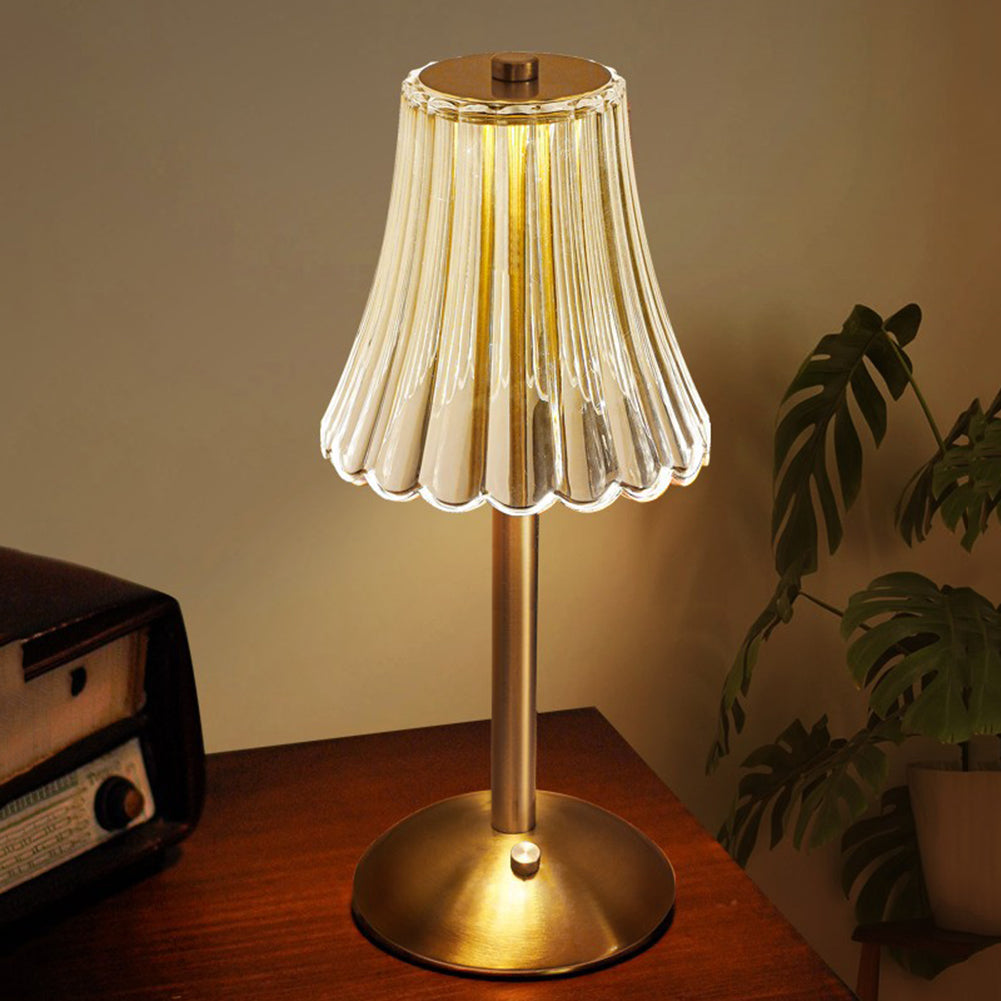 Retro genopladelig bordlampe med krystalskærm, børstet aluminium og touchbetjening