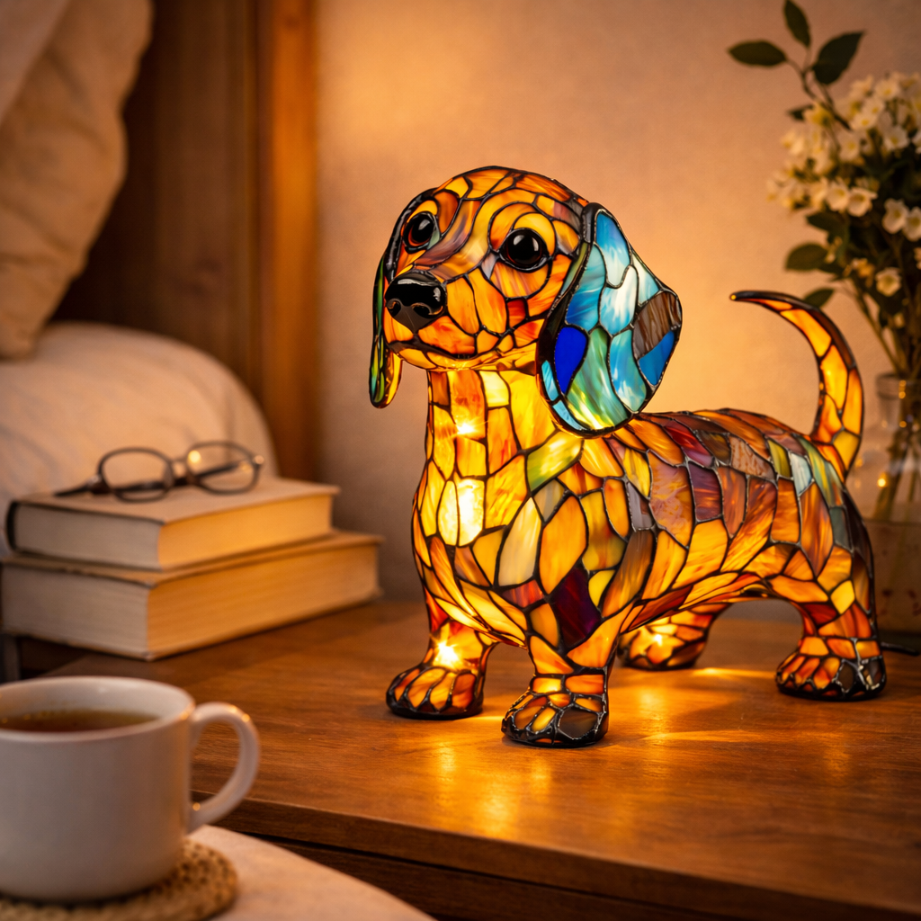 Tischlampe mit Hundemotiv aus Buntglasmosaik