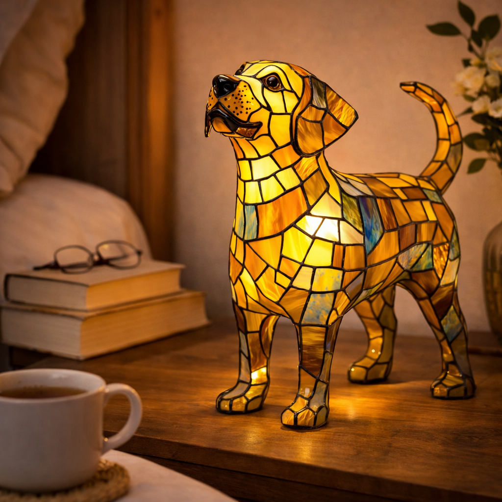 Tischlampe mit Hundemotiv aus Buntglasmosaik