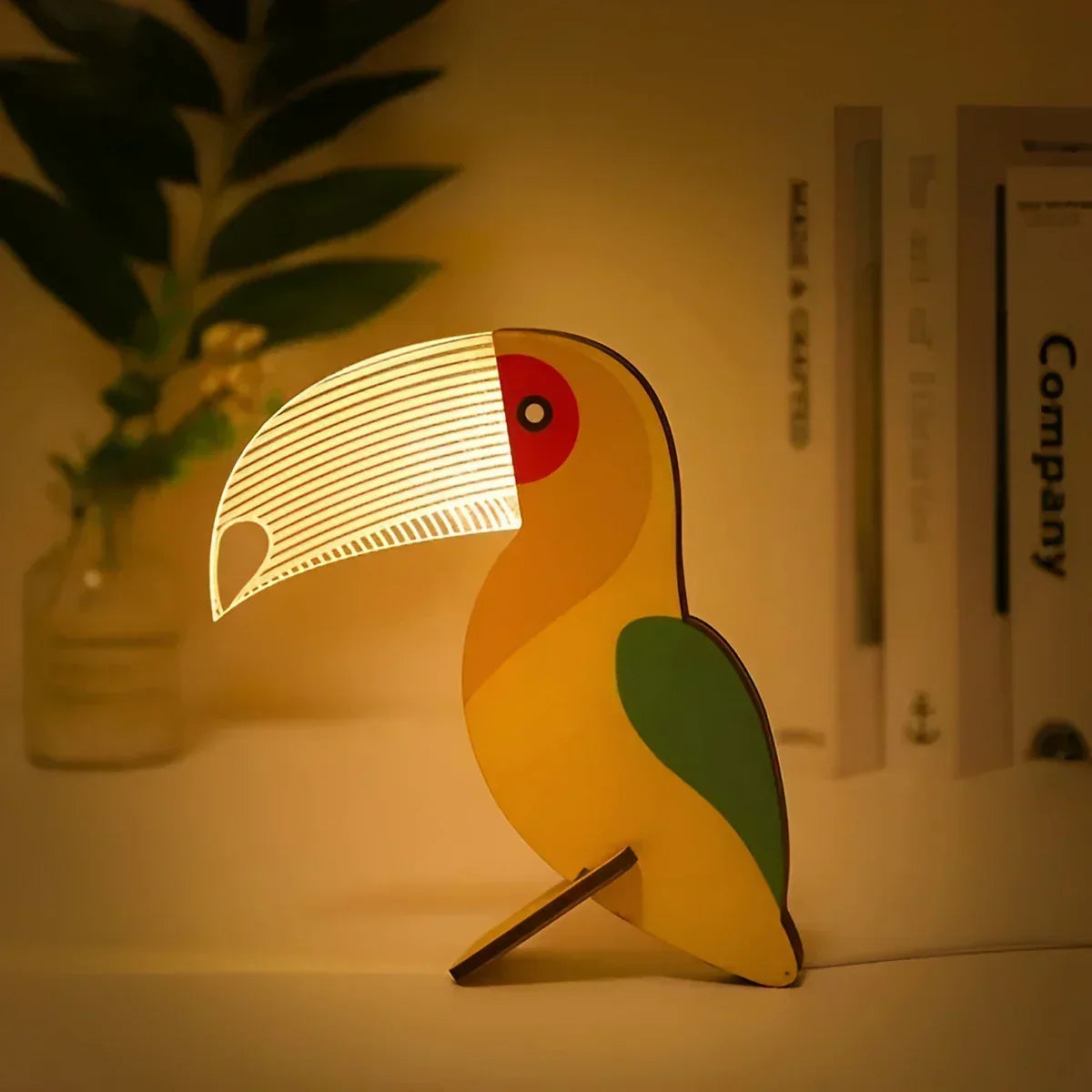 Natbordslampe med silhuet af vilde dyr, akryl, træ og touchbetjening