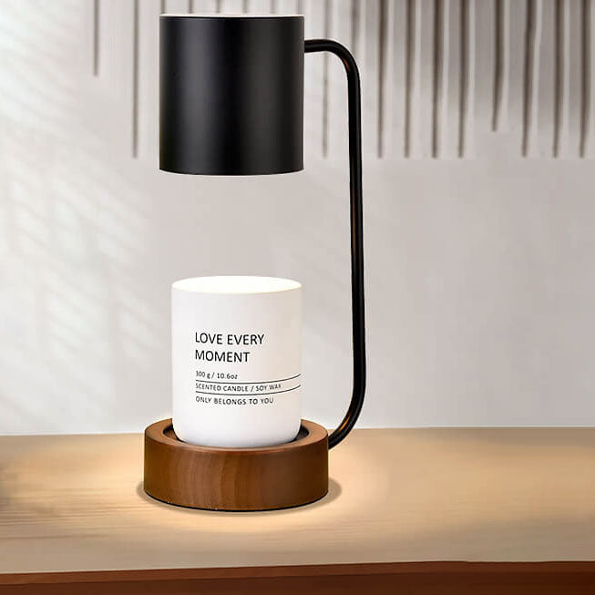 Japanisch-minimalistische Tischlampe aus Holz und Metall mit Kerzenwärmer