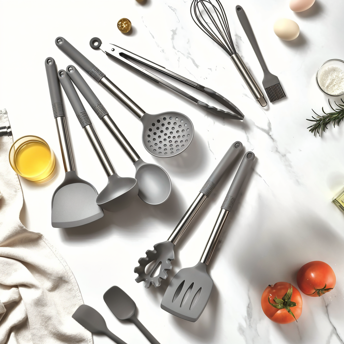 Varmebestandigt køkkenredskabssæt i silikone og rustfrit stål med håndtag