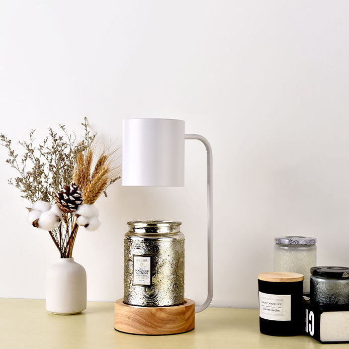 Japanisch-minimalistische Tischlampe aus Holz und Metall mit Kerzenwärmer