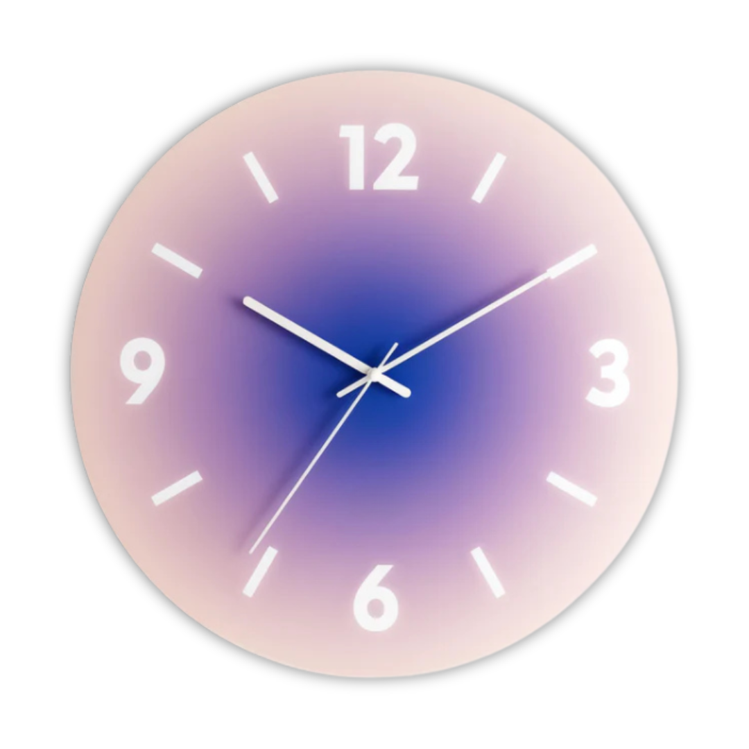 Runde Wanduhr aus Glas mit Farbverlauf im Sonnenuntergangsdesign und leisem Quarzwerk
