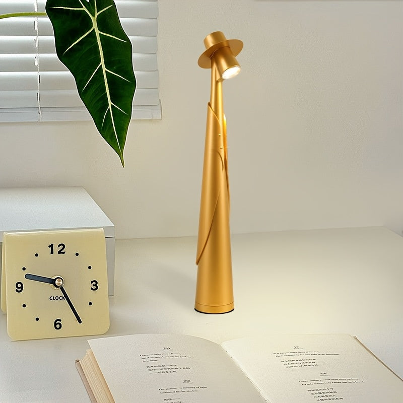 Skulpturale Tischlampe als Hutsilhouette mit Akku und Touch-Steuerung