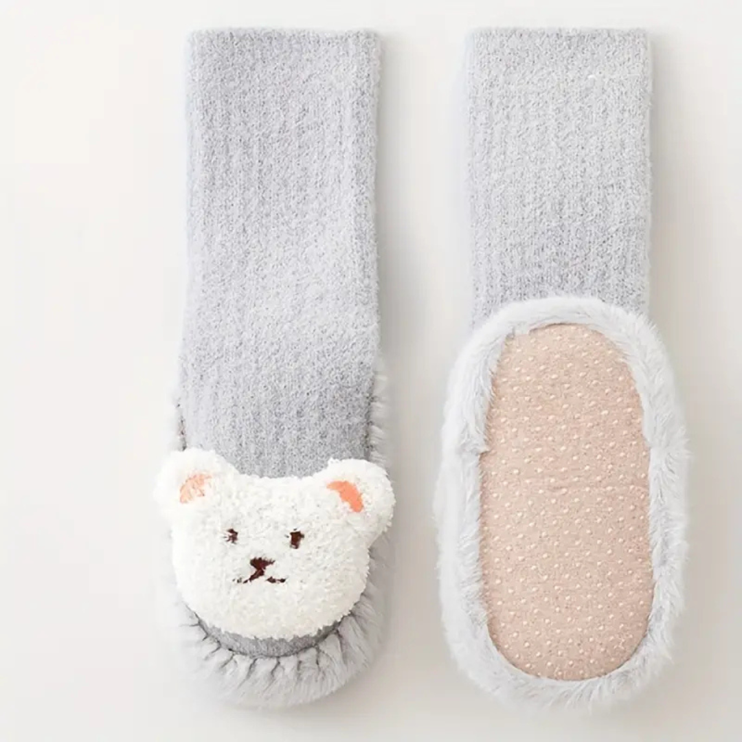 Bløde plyssokker til børn med bjørnedesign og slip-on-pasform