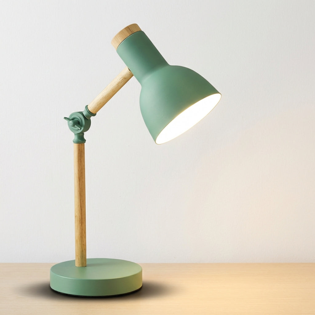 Skandinavische verstellbare Arbeits-Tischlampe mit halber Kuppel aus Holz und Metall
