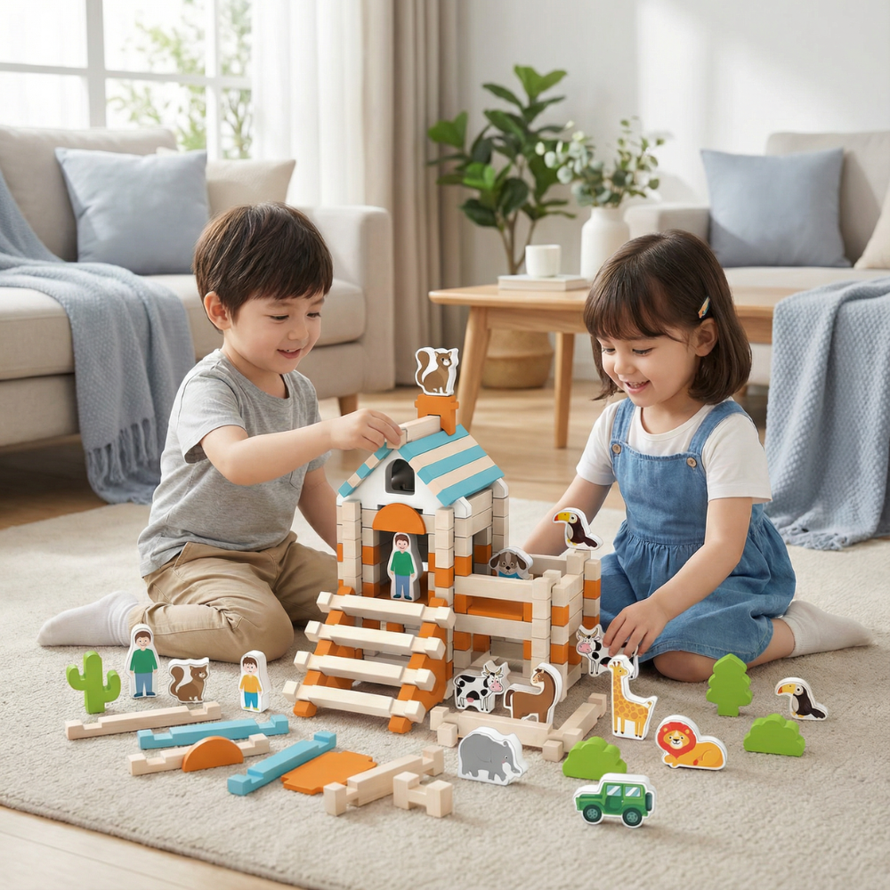 Montessori-Bauspielset aus natürlichem Holz mit Stapelbausteinen