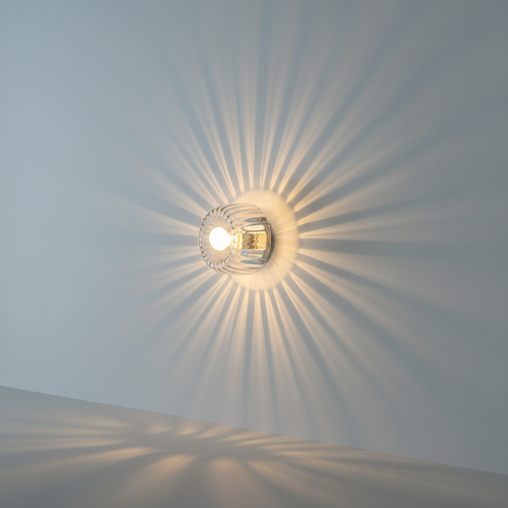 Von Bauhaus inspirierte Wandleuchte mit geriffeltem Glasschirm und Metallhalterung
