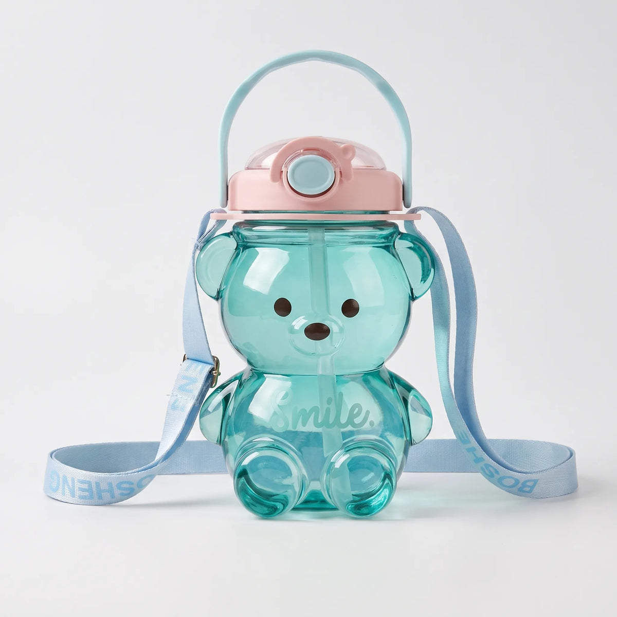 Verspielte transparente Kinder-Trinkflasche in Bärenform mit Tragegurt