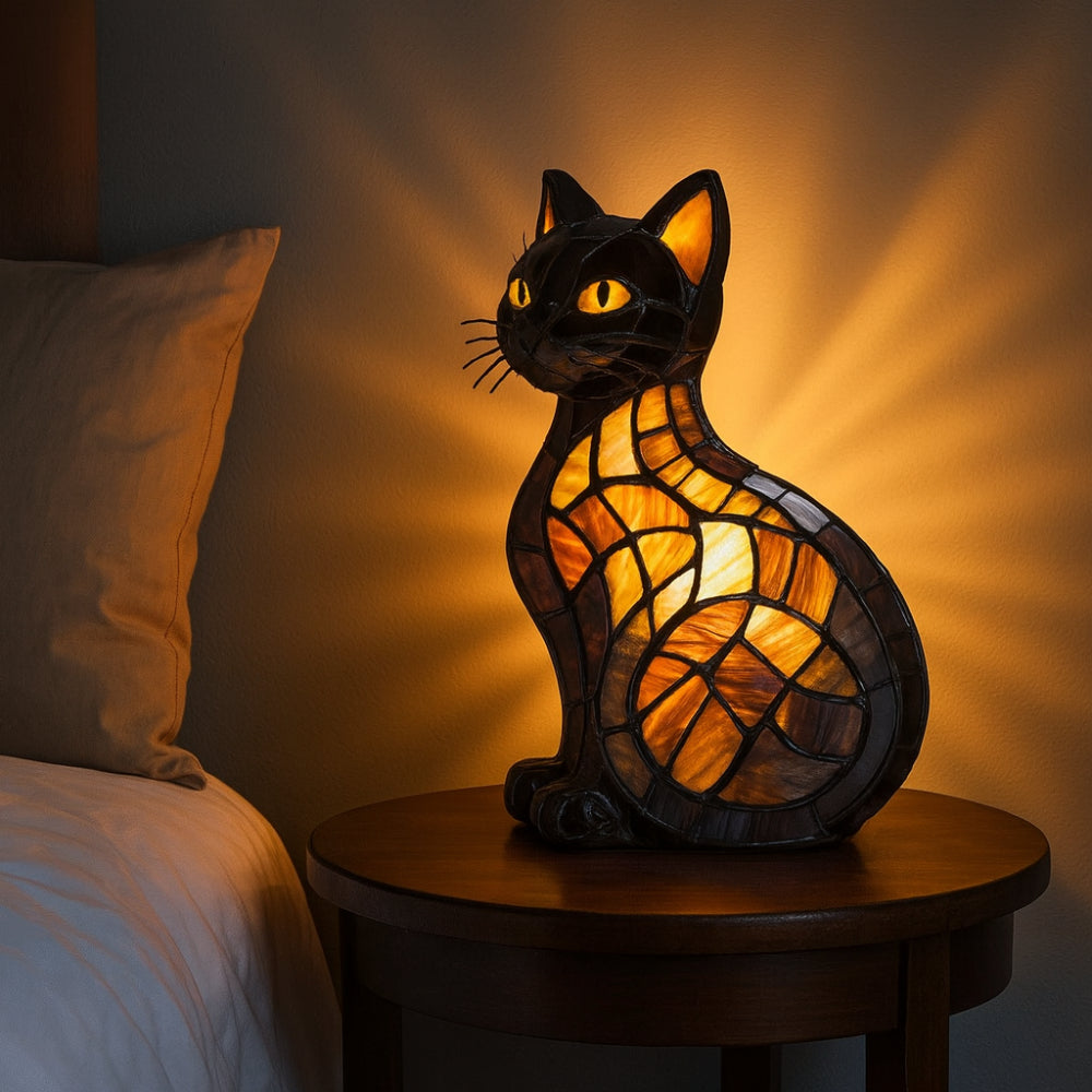 Nachttischlampe aus Harz mit Katzenfigur, stimmungsvollem Licht und Buntglasoptik