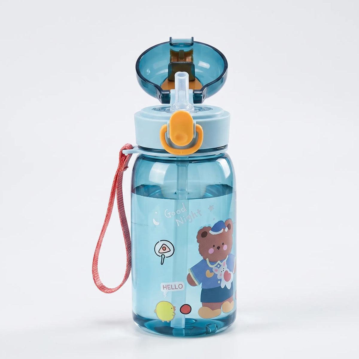 Transparente Kinder-Trinkflasche mit Bärenmotiv, Druckknopf und Strohhalm