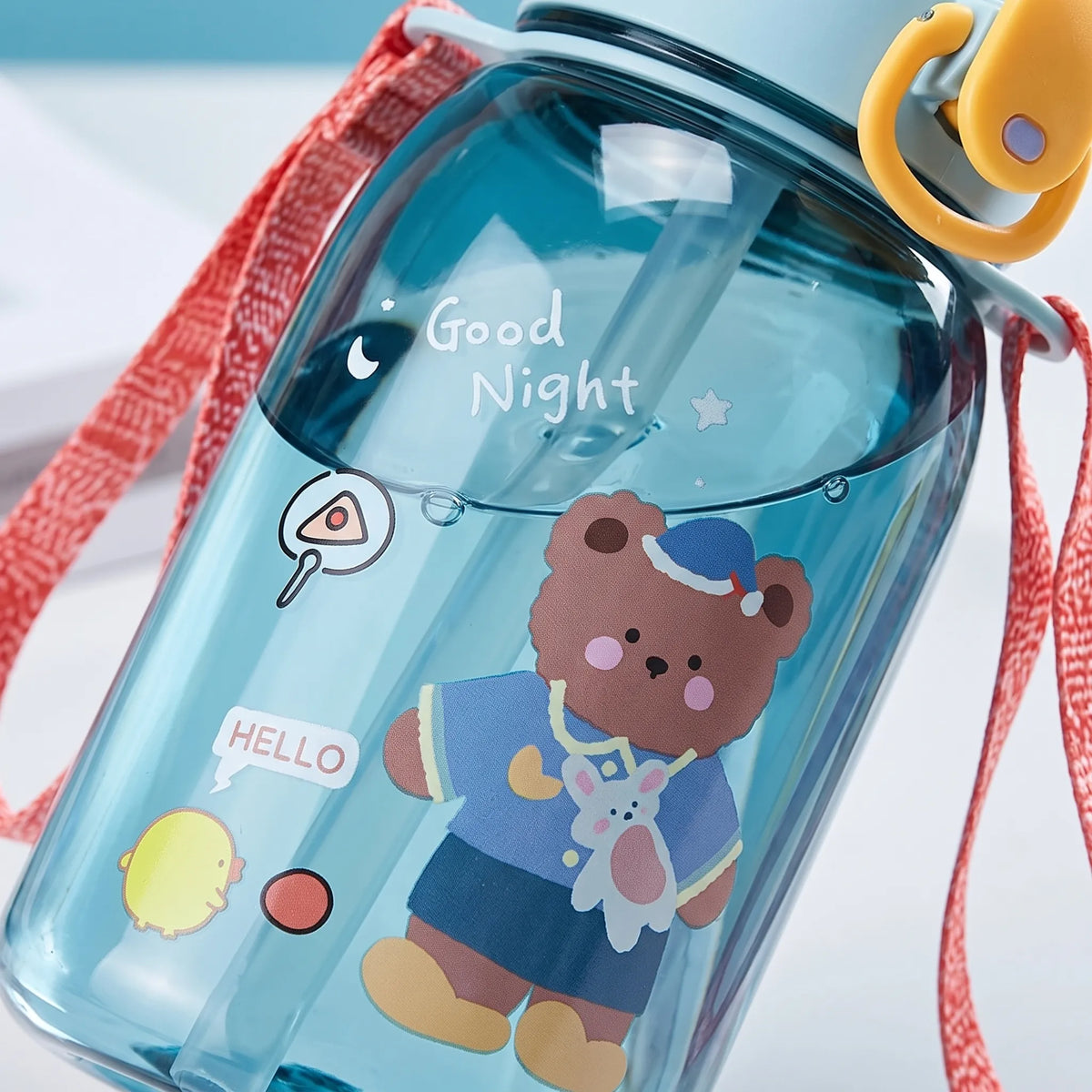 Transparente Kinder-Trinkflasche mit Bärenmotiv, Druckknopf und Strohhalm