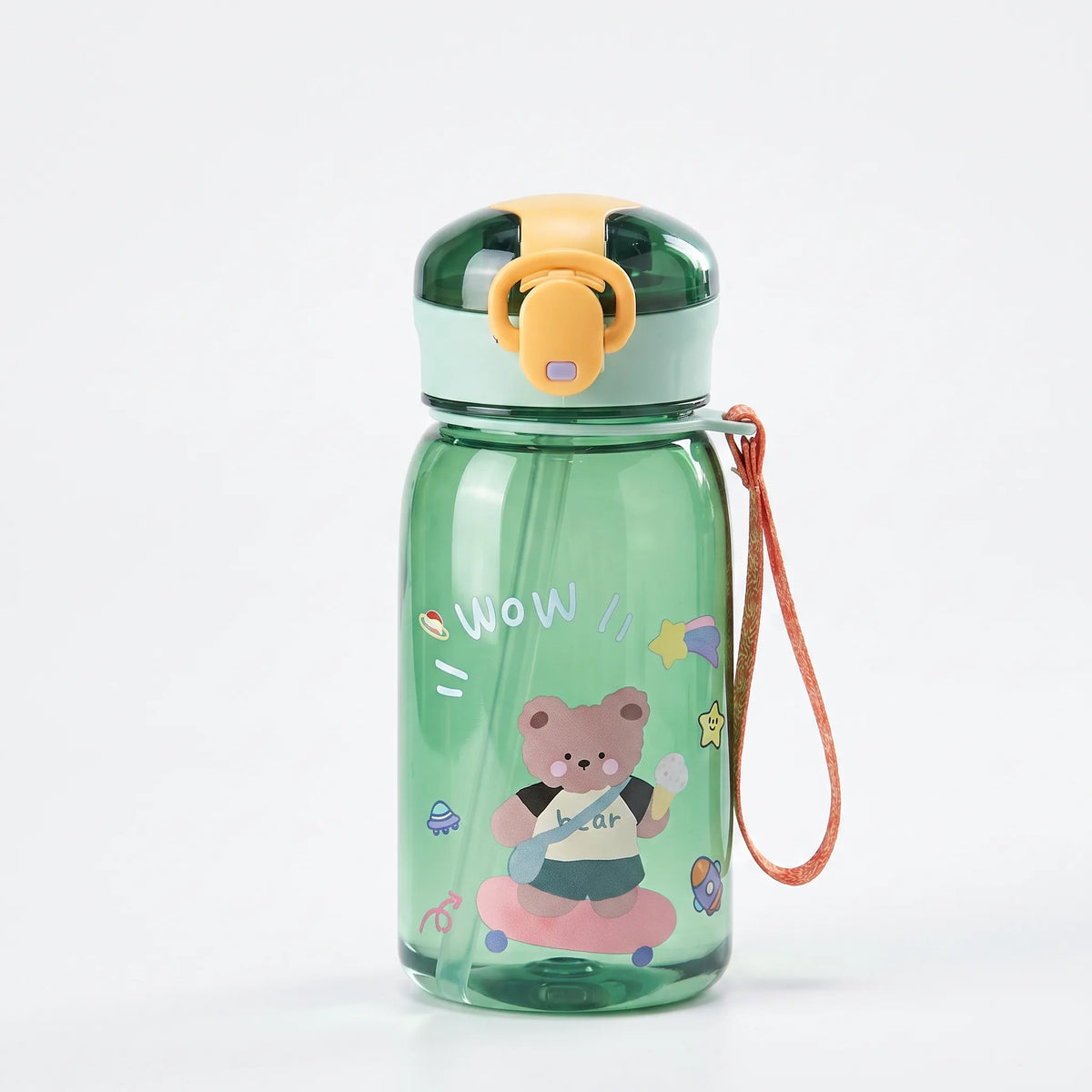 Transparente Kinder-Trinkflasche mit Bärenmotiv, Druckknopf und Strohhalm