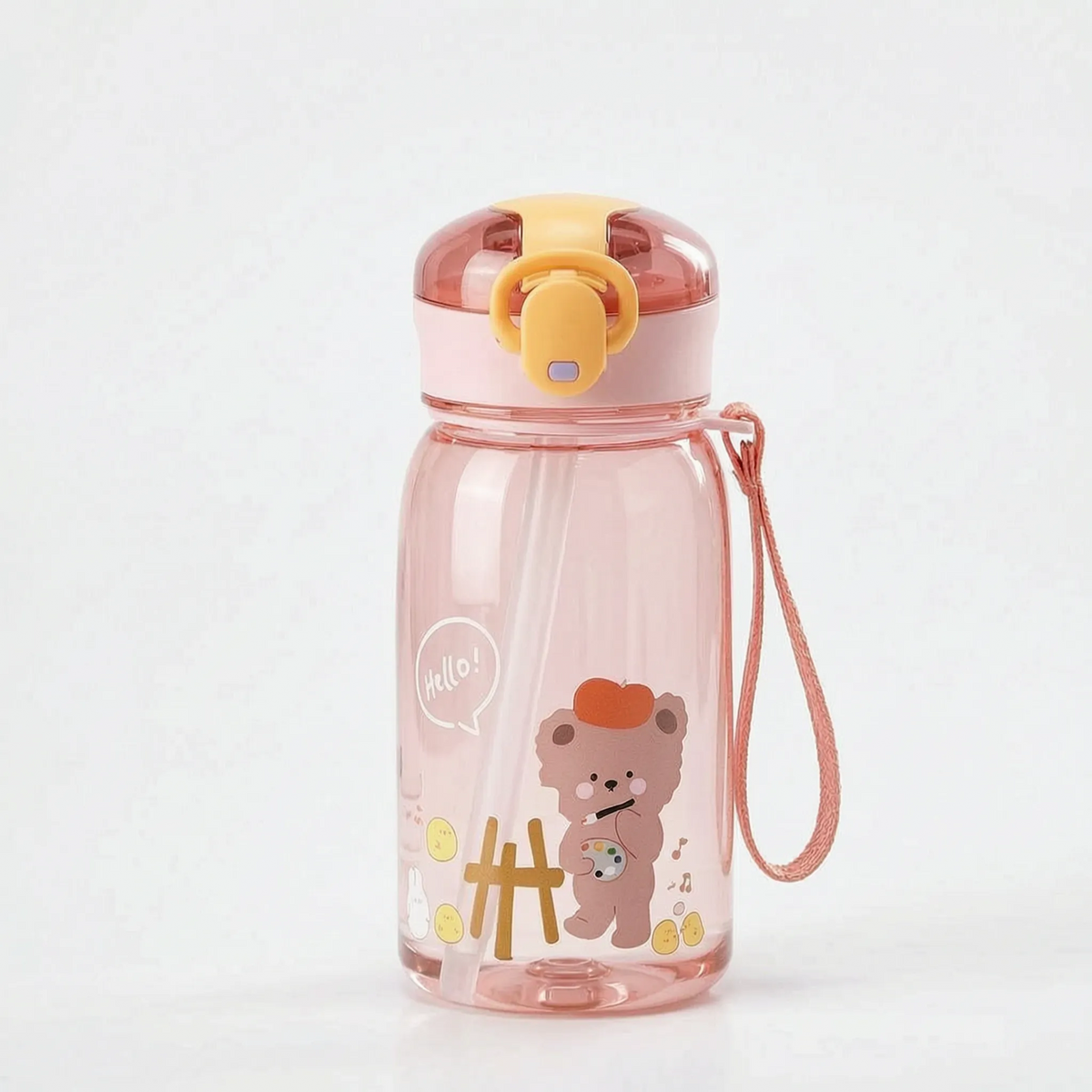 Transparente Kinder-Trinkflasche mit Bärenmotiv, Druckknopf und Strohhalm