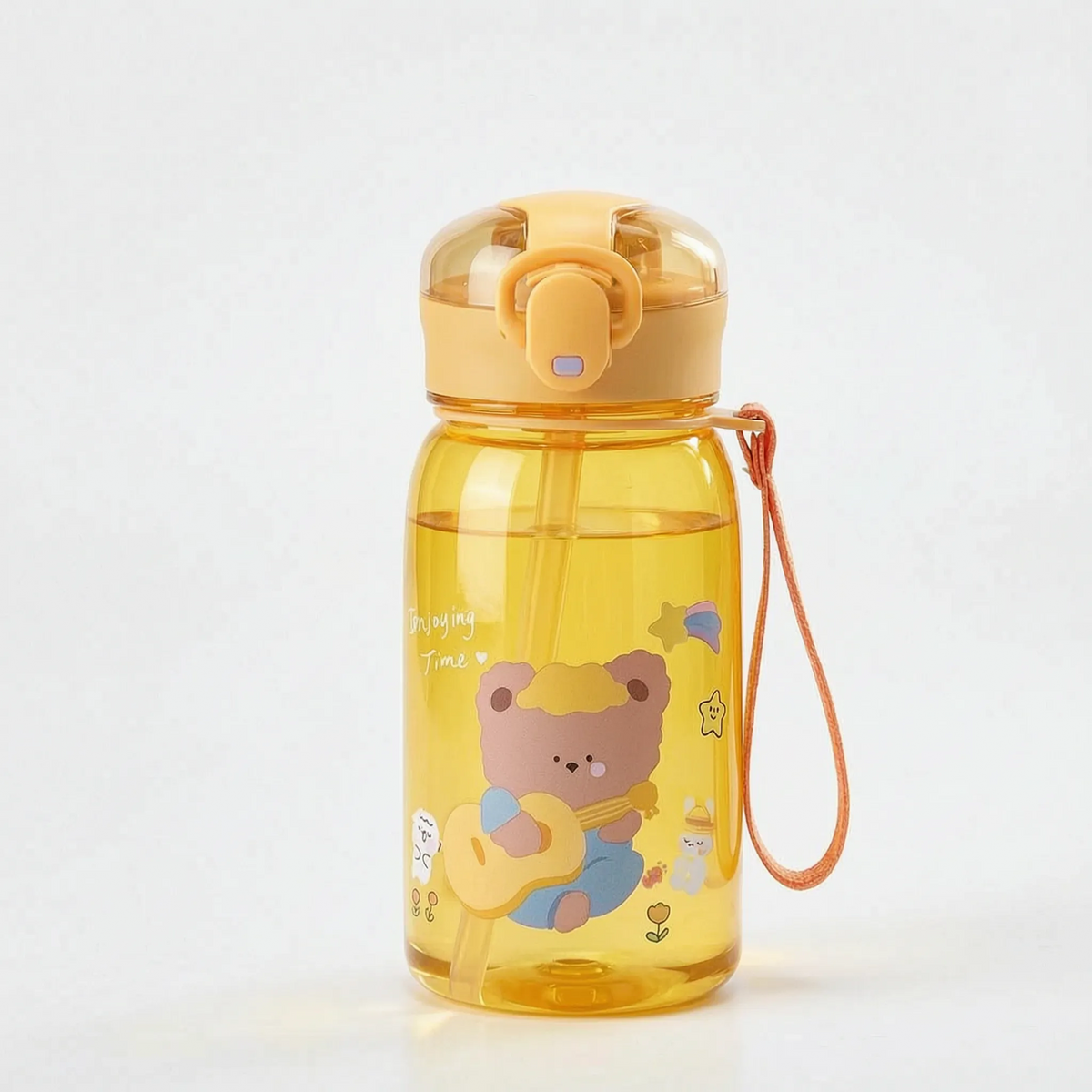 Transparente Kinder-Trinkflasche mit Bärenmotiv, Druckknopf und Strohhalm