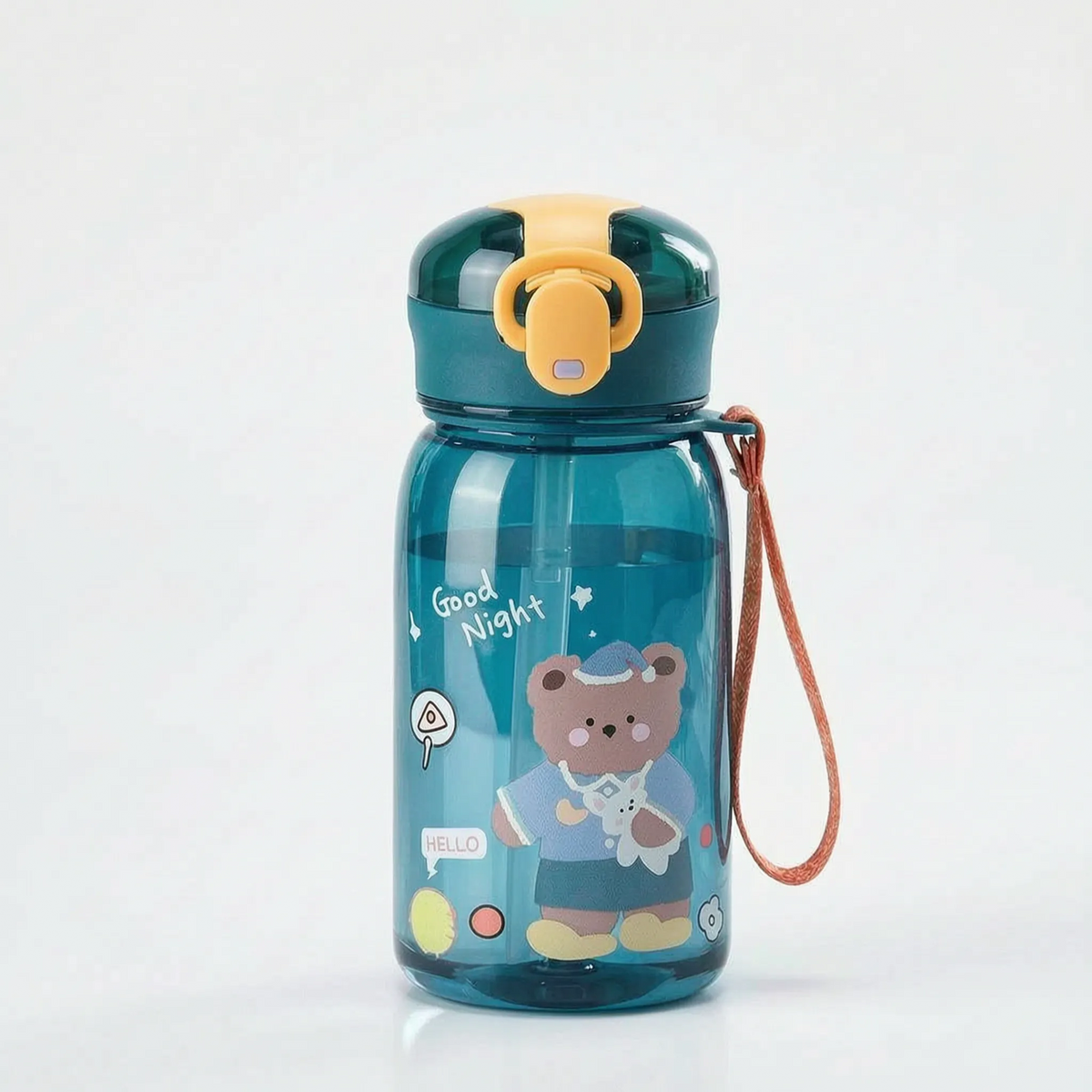 Transparente Kinder-Trinkflasche mit Bärenmotiv, Druckknopf und Strohhalm