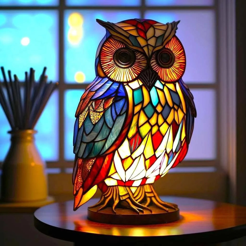 Tischlampe aus Harz mit Tiermotiv in Buntglas-Mosaikoptik