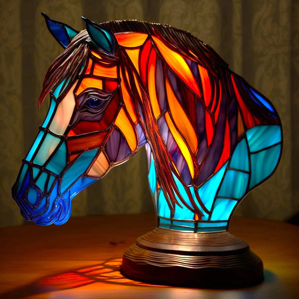 Tischlampe aus Harz mit Tiermotiv in Buntglas-Mosaikoptik