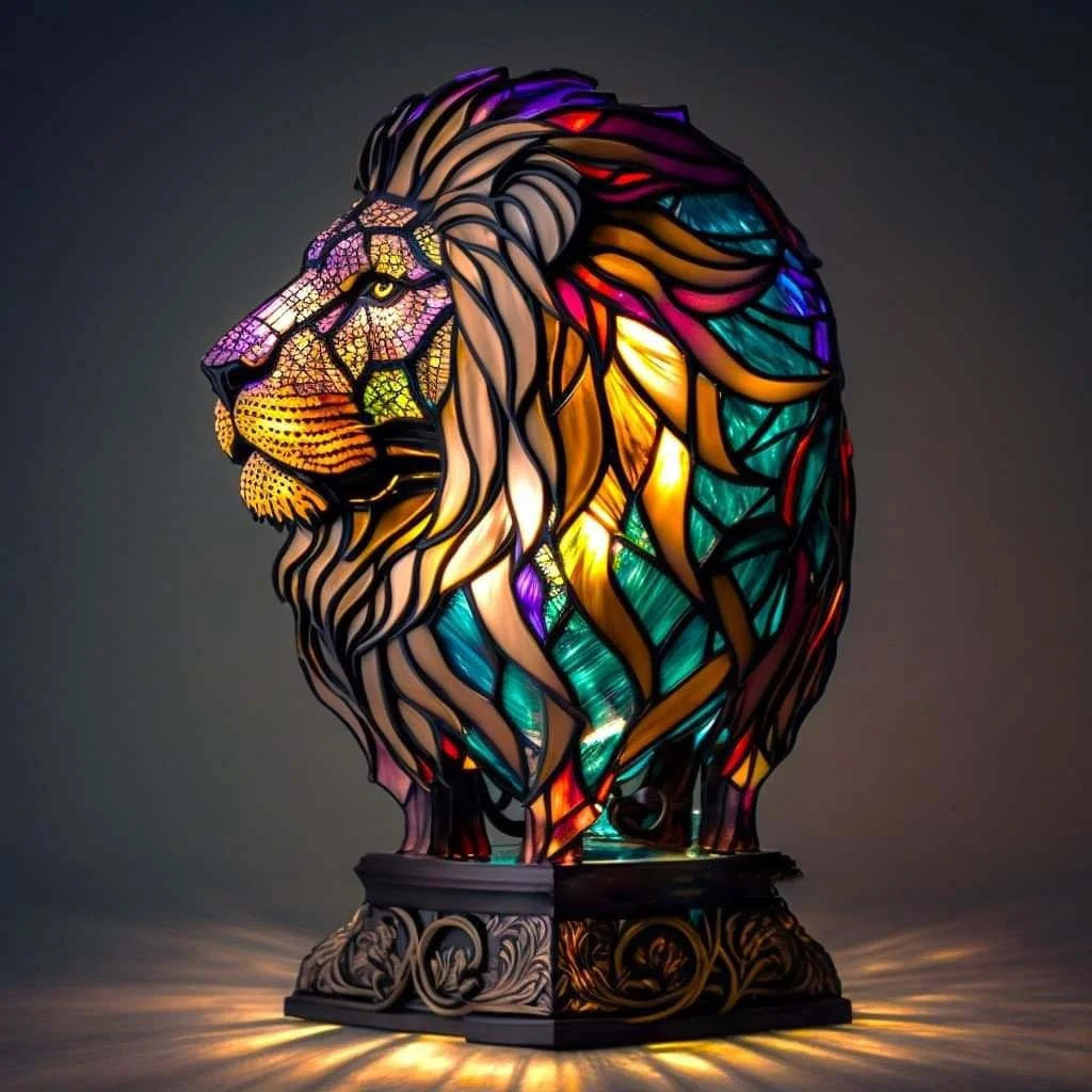 Tischlampe aus Harz mit Tiermotiv in Buntglas-Mosaikoptik