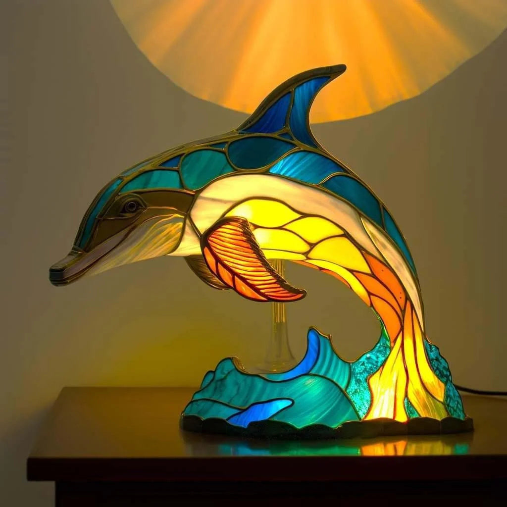 Tischlampe aus Harz mit Tiermotiv in Buntglas-Mosaikoptik