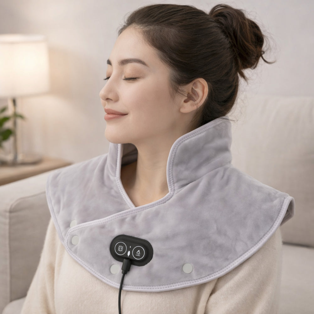 Omsluttende vibrerende elektrisk varmepude-massager til nakke og skuldre
