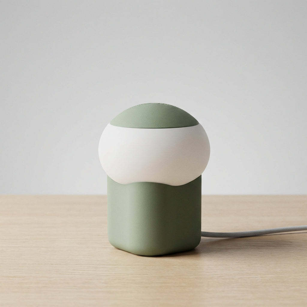Minimalistische kompakte Tischlampe in Pilzform mit beschwertem Fuß