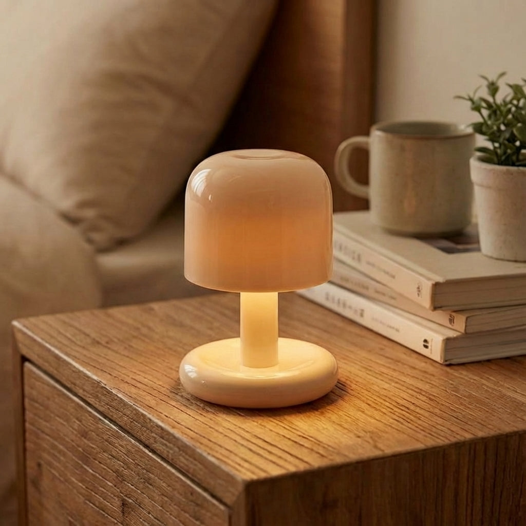 Kompakte aufladbare Tischlampe mit Pilzsilhouette, Sonnenuntergangsleuchten und einstellbarer Helligkeit