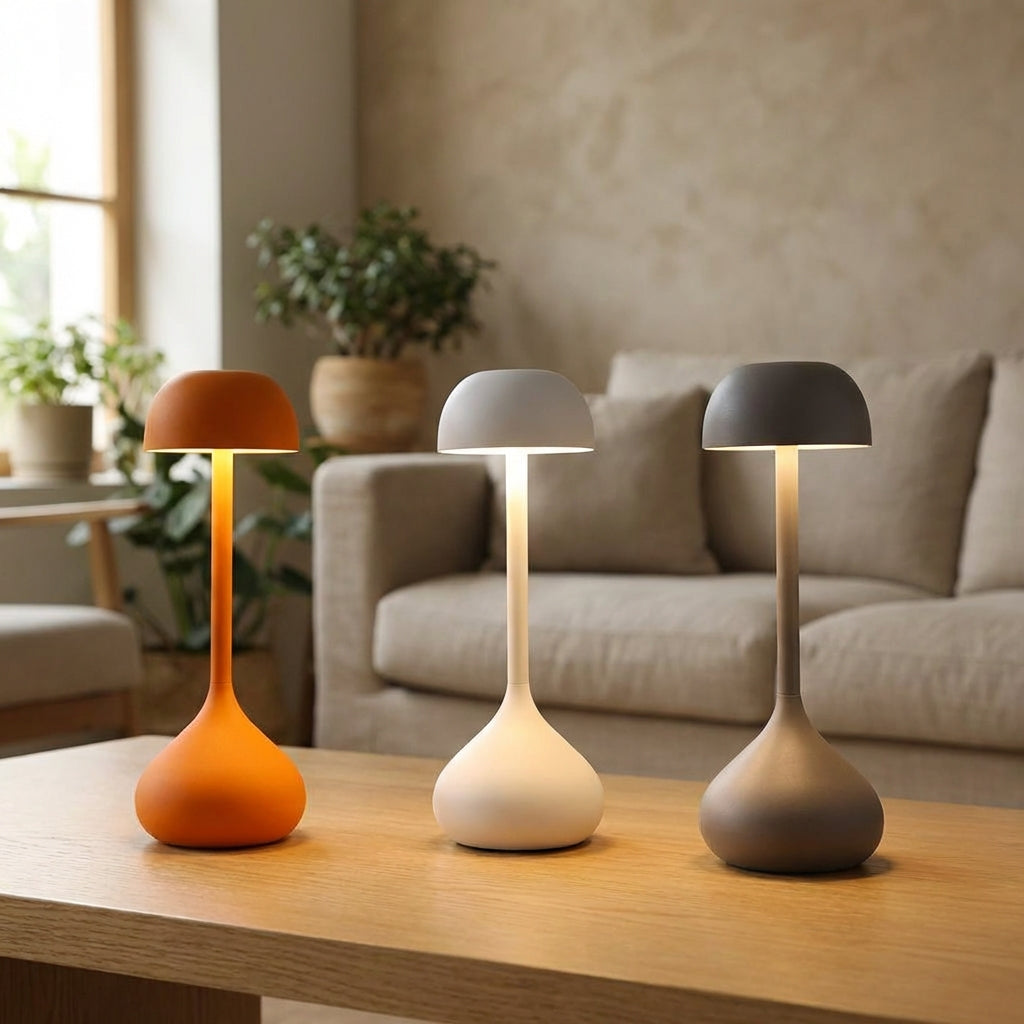 Elegante kabellose dimmbare Aluminium-Tischlampe mit Pilz-Silhouette