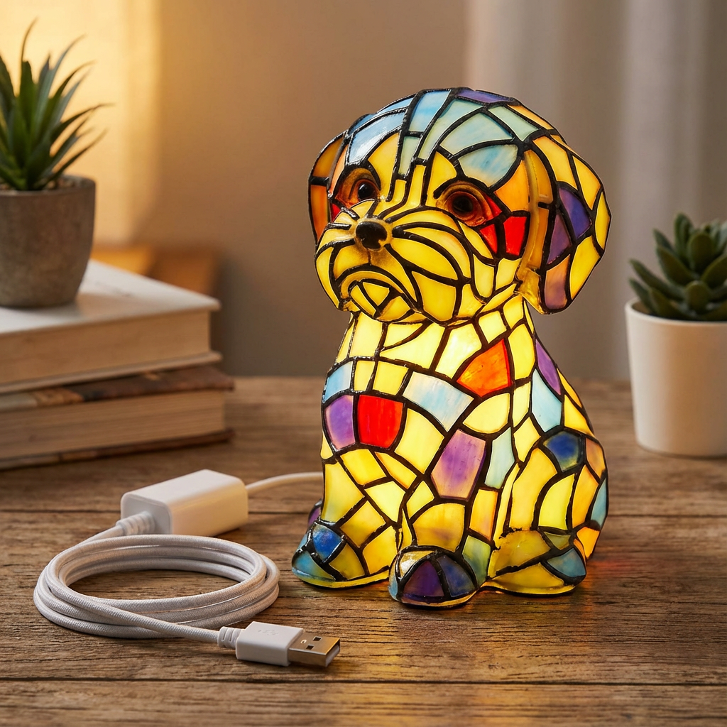 Moderne skulpturel bordlampe med resinfigur, stemningslys og farvet glas
