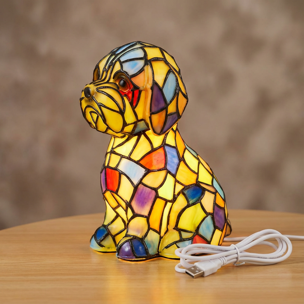 Moderne skulpturel bordlampe med resinfigur, stemningslys og farvet glas