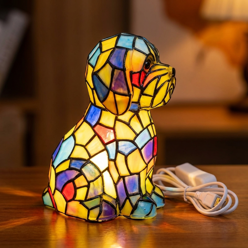 Moderne skulpturel bordlampe med resinfigur, stemningslys og farvet glas