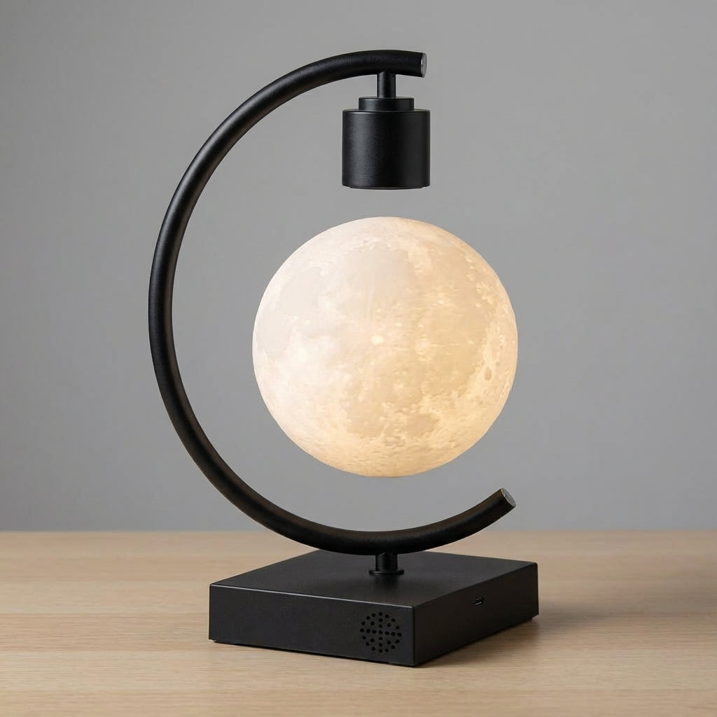 Realistisch strukturierte Nachttischlampe in Form eines schwebenden Mondes mit magnetischer Levitation