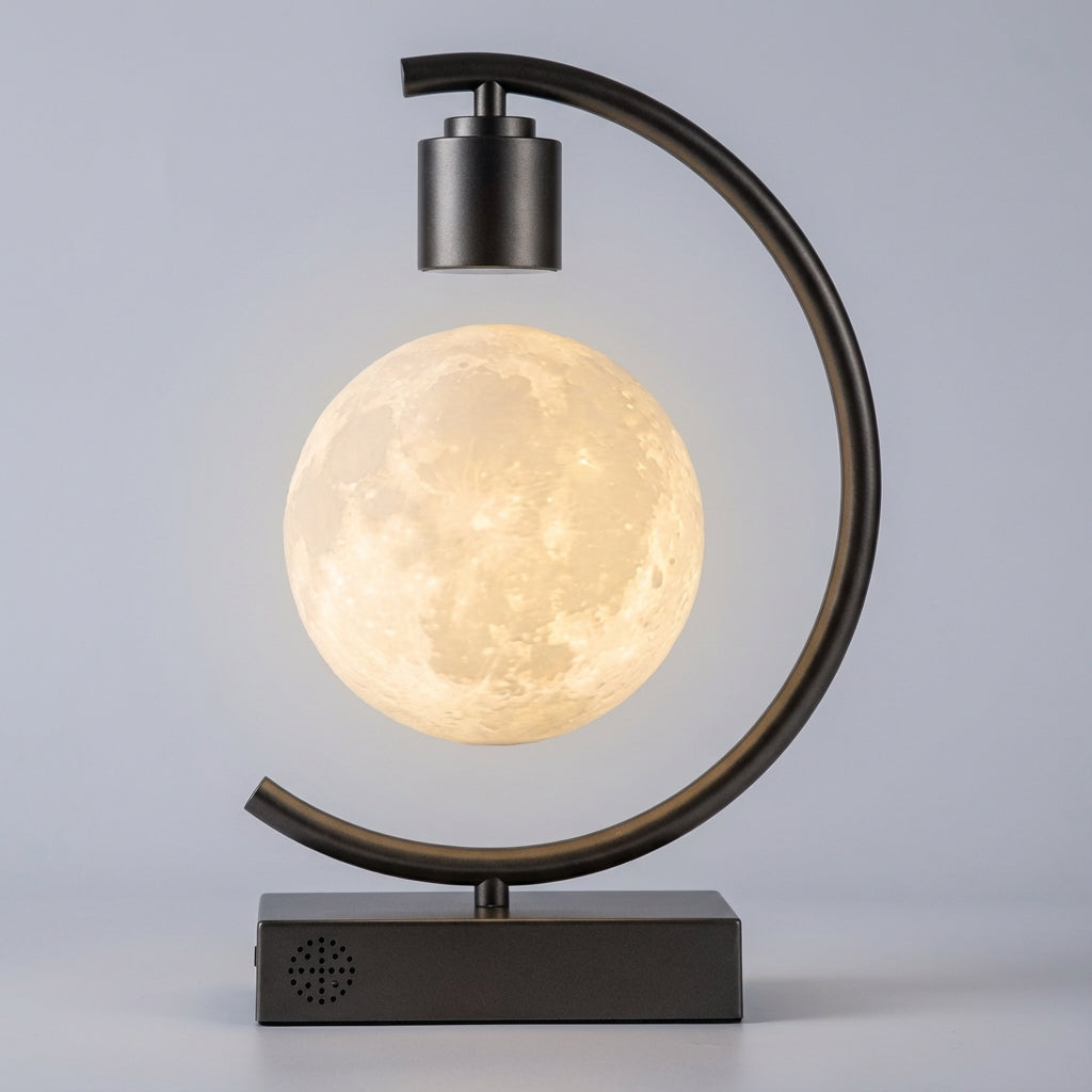 Realistisch strukturierte Nachttischlampe in Form eines schwebenden Mondes mit magnetischer Levitation