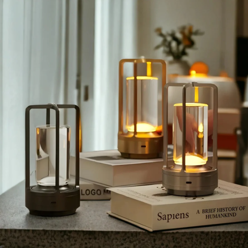 Moderne Tischlampe mit zylindrischem Metallrahmen und Touch-Steuerung