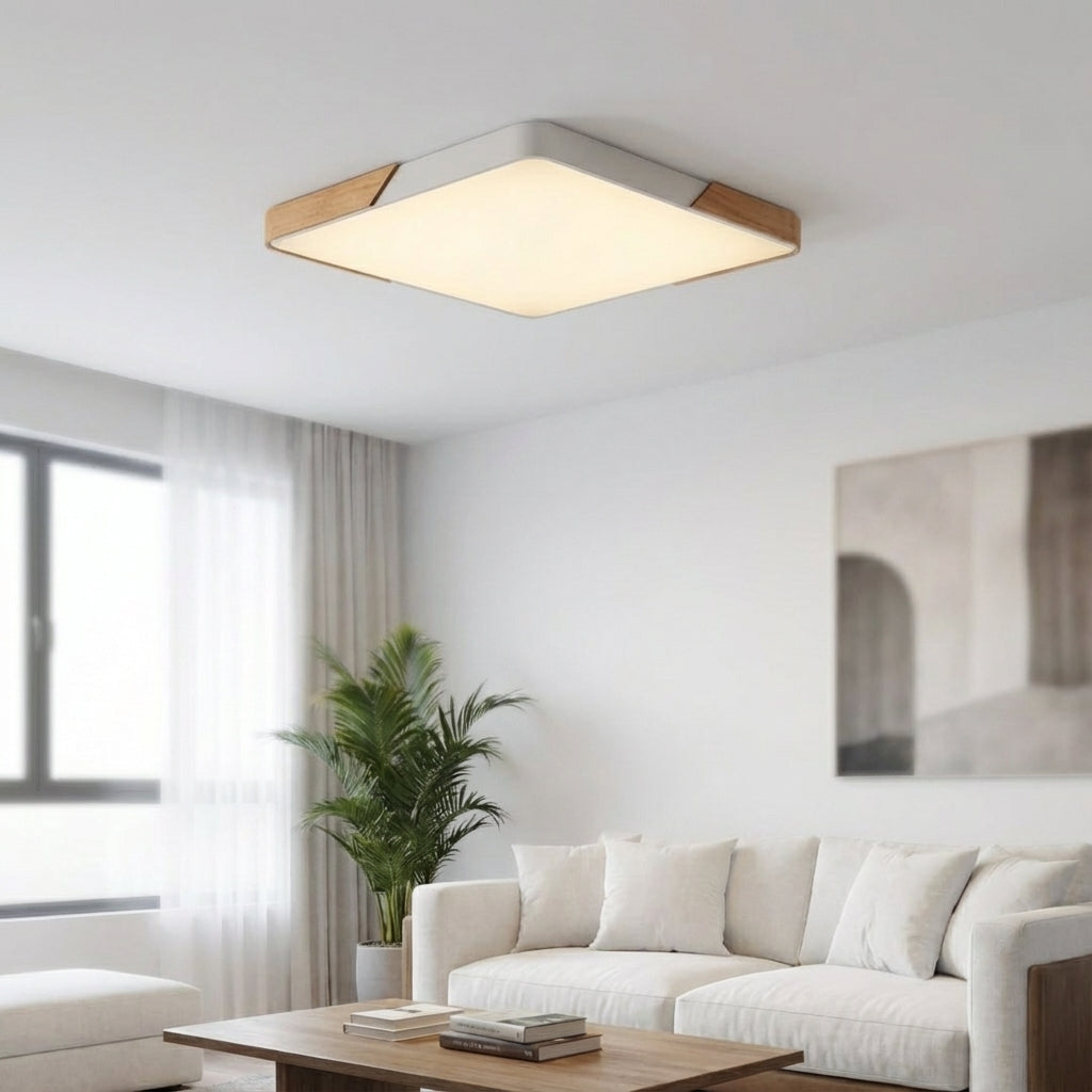 Minimalistische dimmbare Deckenleuchte aus Acryl mit Diffusor sowie Holz und Metall