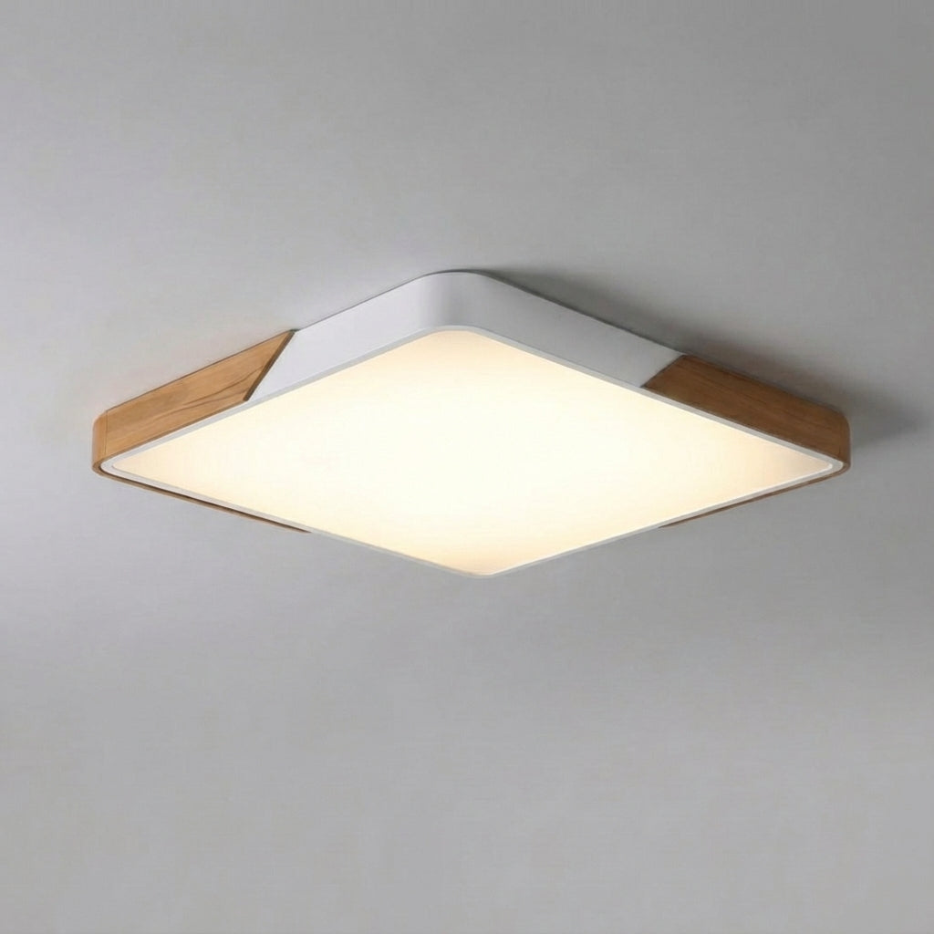 Minimalistische dimmbare Deckenleuchte aus Acryl mit Diffusor sowie Holz und Metall