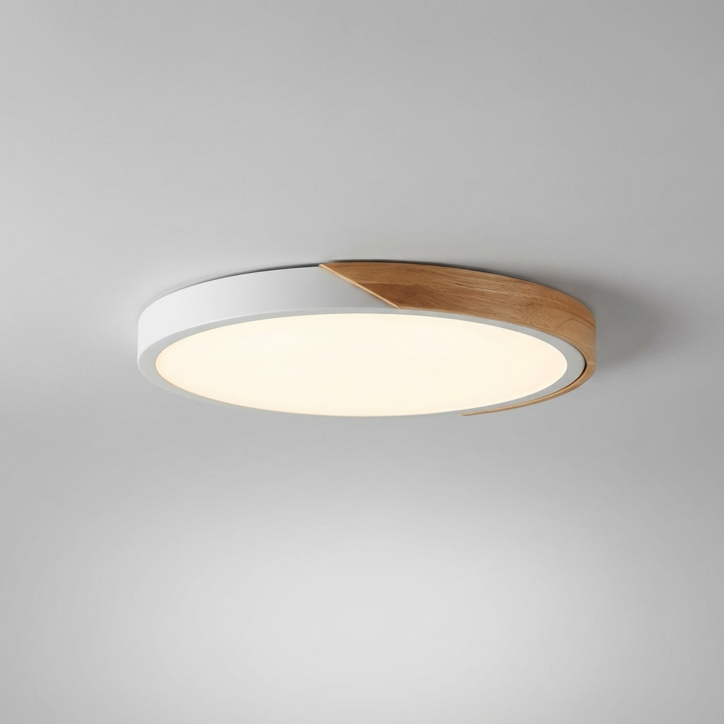 Minimalistische dimmbare Deckenleuchte aus Acryl mit Diffusor sowie Holz und Metall