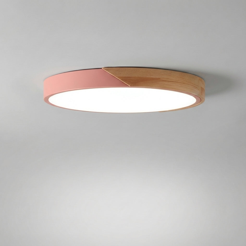 Minimalistische dimmbare Deckenleuchte aus Acryl mit Diffusor sowie Holz und Metall