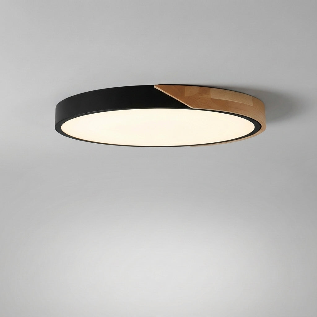 Minimalistische dimmbare Deckenleuchte aus Acryl mit Diffusor sowie Holz und Metall